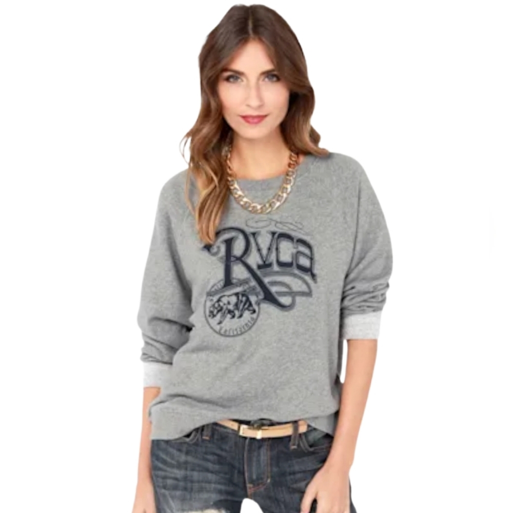 RVCA Women's Gray Republic Fleece Crewneck Pullover Sweatshirt XS